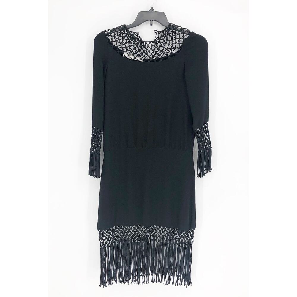 VALENTINO GARAVANI Midi Dress 4 Black Fringed Macramé-Paneled Silk-Crepe FLAW - Picture 3 of 16